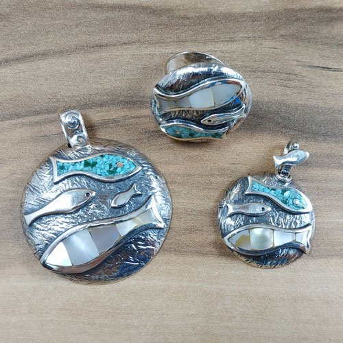 Turquoise and Silver - Two Pendants and Ring