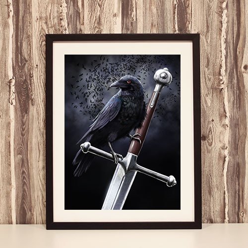 Framed Art Print The Ravens of Odin and Sword Norse Mythology