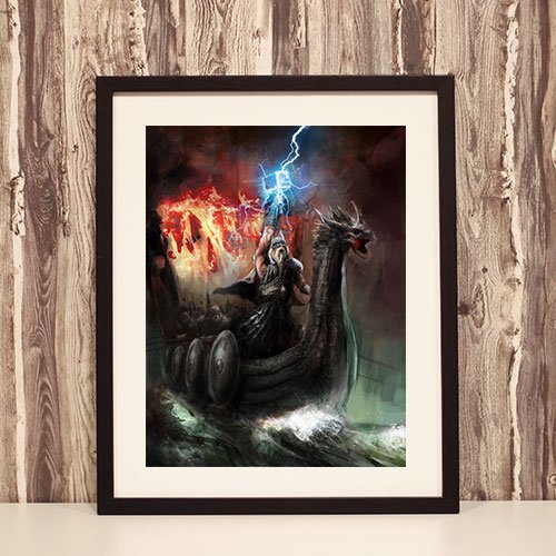 Thor Framed Art Print Norse God of Thunder Viking Dragon Ship