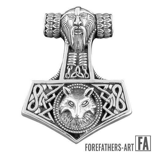 Viking Pendant Thor Hammer Mjolnir and Wolf, Large Pendant