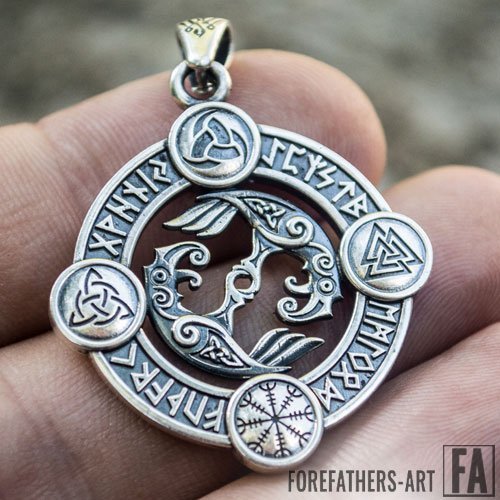 Odin Raven Pendant Viking Necklace With Norse Runes and Symbols