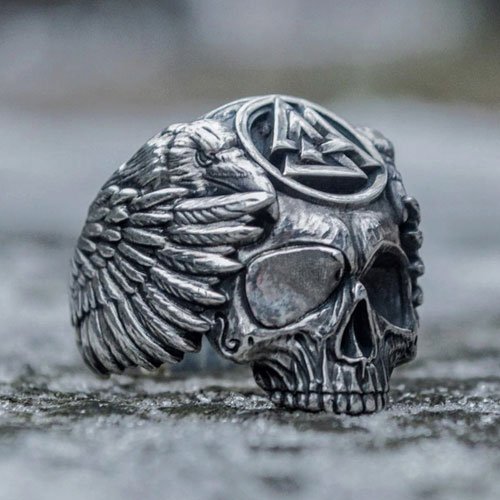 Men's Viking Ring Odin Ring Valknut and Ravens Hugin Munin