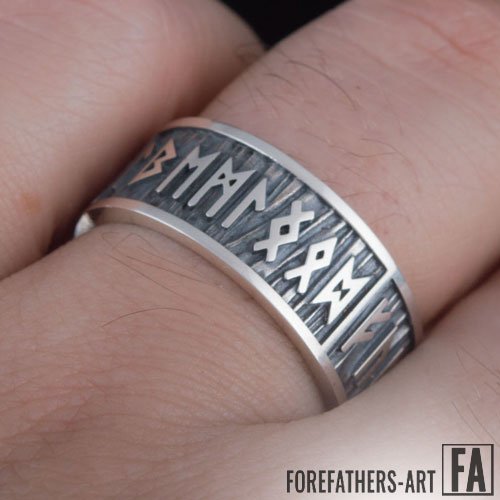 Elder Futhark Viking Band Ring with Wide Rim Viking Runes Ring