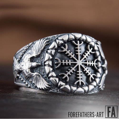 Helm of Awe Ring Celtic Viking Ring with Odin Ravens Norse Jewelry