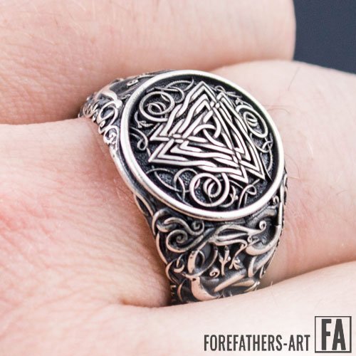 Viking Celtic Ring Valknut and Triquetra Symbol Urnes Style Norse Ring