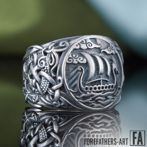 Viking Norse Ring Drakkar Symbol Ring with Mammen Ornament