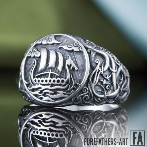 Viking Ring Drakkar Longship Urnes Style Norse Ring