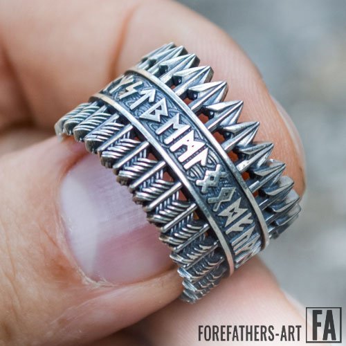 Viking Ring Elder Futhark Runes and Arrows Norse Jewelry