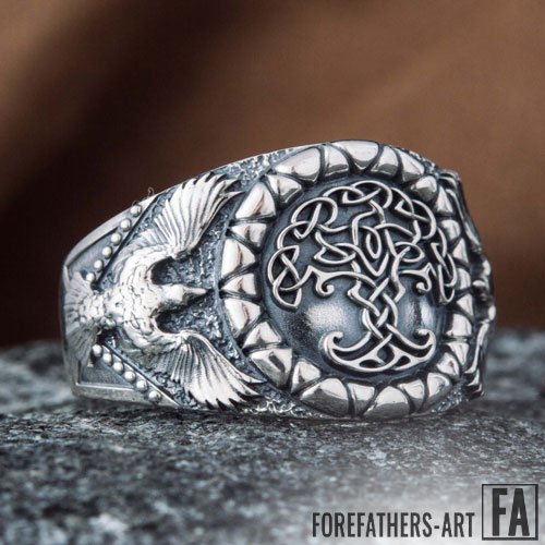 Yggdrasil Ring with Viking Ravens Norse Ring