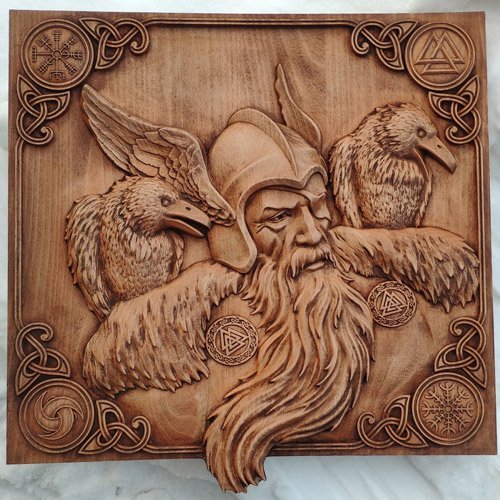 Viking Wood Carving Odin Hugin and Munin Norse Wall Decoration