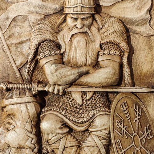 Viking Wood Carving Norse Runes and Warrior