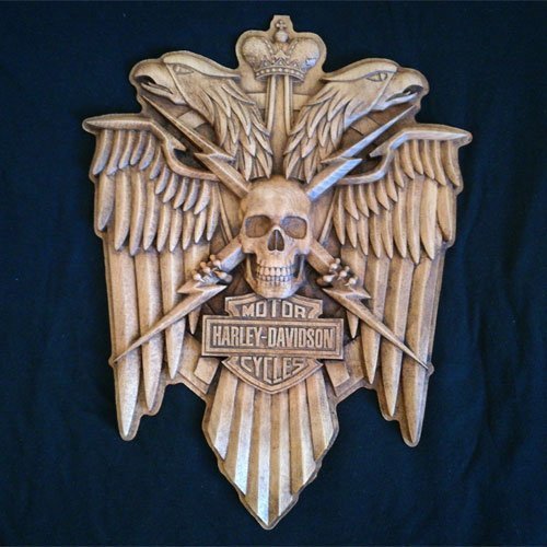Harley Davidson Emblem Wood Carving Motorcycle Woodwork Wall Art